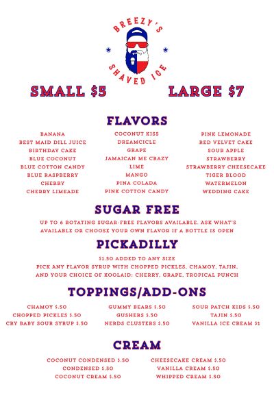 Breezy's Shaved Ice - Menu 1