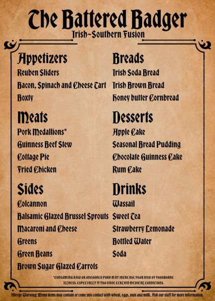 The Battered Badger - Menu 2