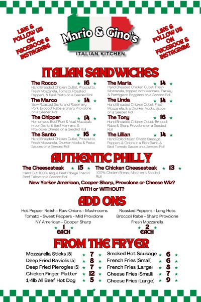 Mario and Gino’s Italian Kitchen - Menu 1