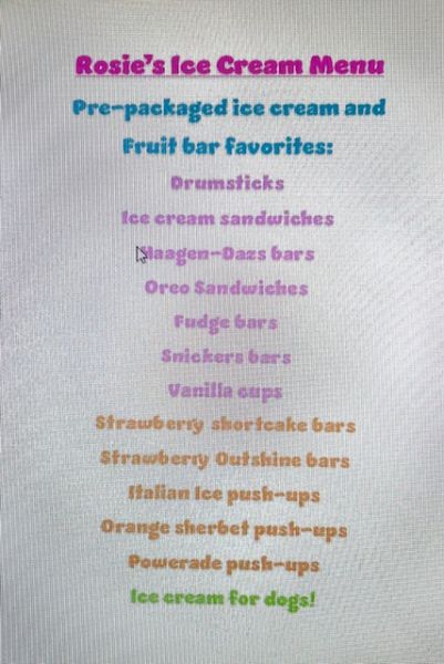 Rosie’s Ice Cream - Menu 1